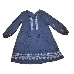 Knox Rose Dress Womens XL Navy Blue Embroidery Long Balloon Sleeve POCKETS